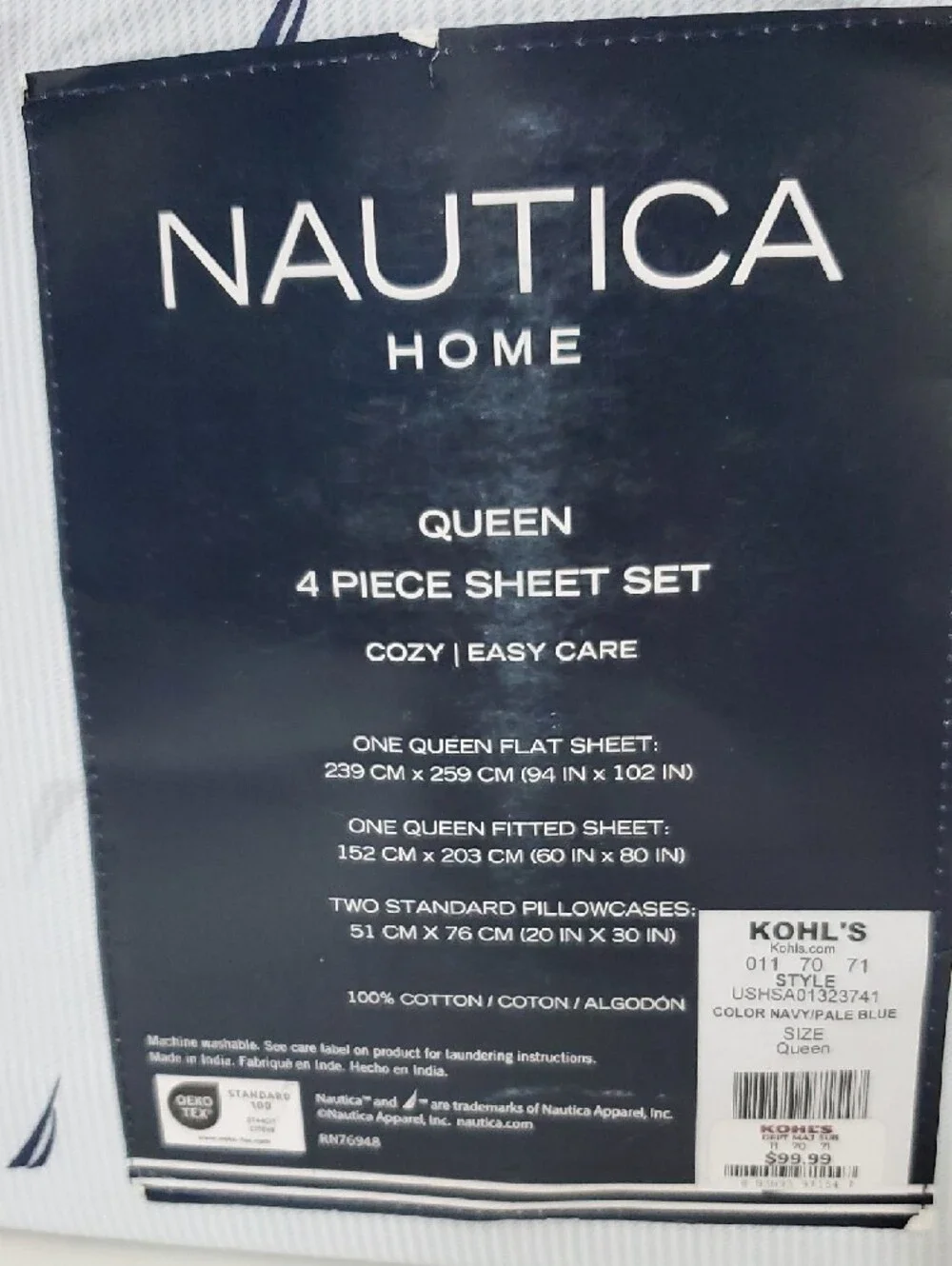 Nautica Queen White Pale Blue Sheet Set with Navy Sail Motif NWT